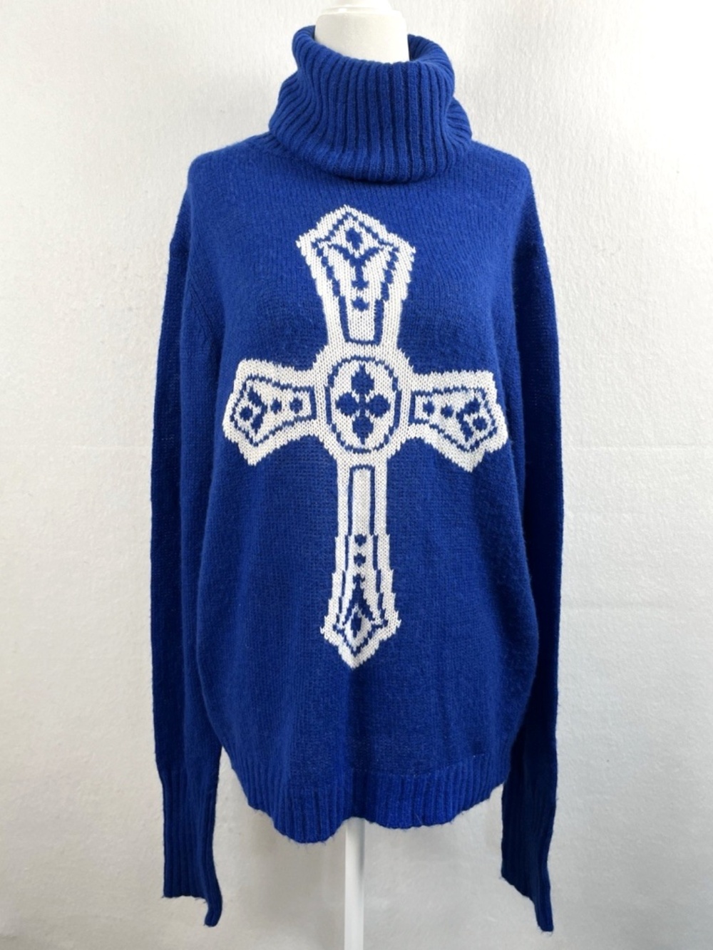 Wildfox White Label Gothic Cross Oversized Turtleneck Sweater Blue Wool Blend L